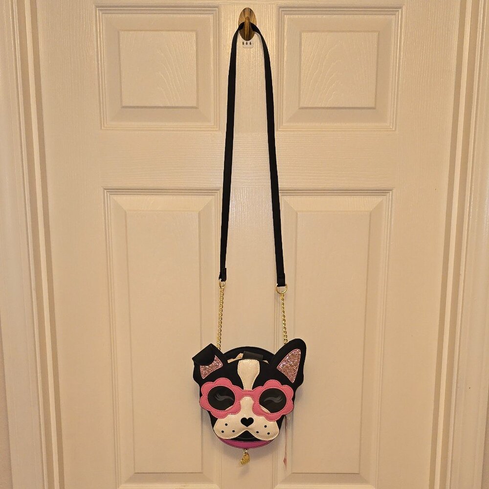 NWT BETSEY JOHNSON Puppy In Sunglasses Black & Pink Dog Glitter Crossbody